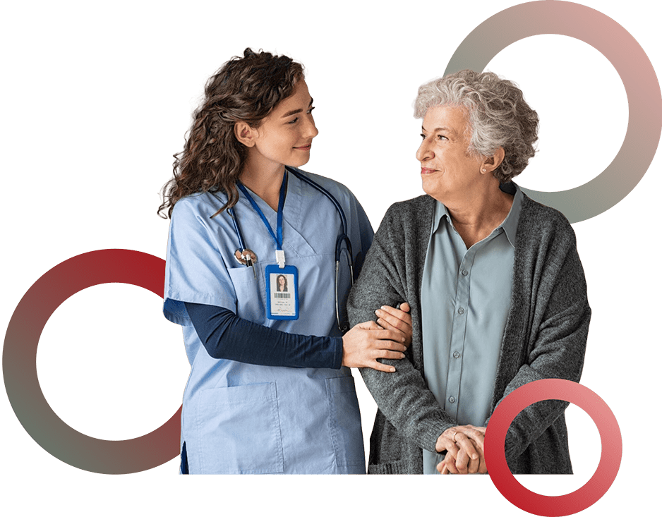 A nurse helping an elderly lady.